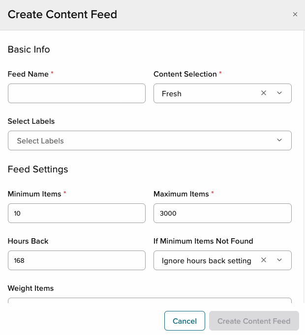 The Create Content Feed modal with Fresh selected as the content type